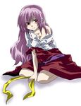  blush breasts hair_down hair_ribbon long_hair off_shoulder purple_hair red_eyes ribbon sitting small_breasts smile solo touhou unya watatsuki_no_yorihime 