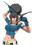  bare_shoulders black_hair blue_eyes bra_strap breasts bug butterfly crop_top diana_(kof) gloves hair_up highres insect large_breasts lips midriff navel rapier solo sword tattoo the_king_of_fighters weapon 