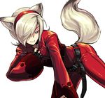  androgynous animal_ears ash_crimson belt blonde_hair blue_eyes cropped_jacket fingerless_gloves fox_ears fox_tail freckles gloves hair_over_one_eye hairband kkaiju male_focus otoko_no_ko pants red_pants solo tail the_king_of_fighters 