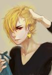  aneater bad_id bad_pixiv_id blonde_hair casual earrings fate/stay_night fate_(series) gilgamesh hand_in_hair jewelry male_focus red_eyes solo 