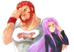  1girl adjusting_eyewear bad_id bad_pixiv_id beard breasts broad_shoulders crossover facial_hair fate/stay_night fate/zero fate_(series) glasses impossible_clothes impossible_shirt long_hair manly medium_breasts ousder purple_hair red_eyes red_hair rider rider_(fate/zero) shirt t-shirt turtleneck very_long_hair yellow_eyes 