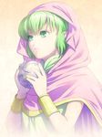  cape chiki elf fire_emblem fire_emblem:_monshou_no_nazo green_eyes green_hair hood kinoeneko long_hair mamkute orb pink_cape pointy_ears solo 