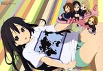  absurdres aircraft airplane akiyama_mio alternate_hairstyle black_eyes black_hair blonde_hair blue_eyes blush_stickers brown_eyes brown_hair casual chibi closed_eyes hair_down hair_ornament hairband hairclip highres hirasawa_yui horiguchi_yukiko k-on! k-on!_movie kotobuki_tsumugi long_hair lying map megami multiple_girls nakano_azusa non-web_source official_art on_back open_mouth pantyhose round_teeth school_uniform shirt shirt_pull shorts socks t-shirt tainaka_ritsu teeth very_long_hair 