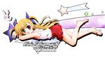  anklet blonde_hair blush bunny character_name copyright_name flipper green_eyes hair_ribbon heterochromia jewelry lying lyrical_nanoha mahou_shoujo_lyrical_nanoha_vivid on_stomach red_eyes ribbon sacred_heart sandals short_twintails skirt smile star stuffed_animal stuffed_toy twintails two_side_up vivio 