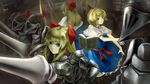  alice_margatroid armor blonde_hair blue_eyes book bow capelet floating floating_object full_armor hair_bow hairband helm helmet highres jurakin knight lance long_hair open_book polearm puppet_strings shanghai_doll short_hair solo string touhou weapon 