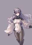  bodysuit boots collarbone fangdan_runiu grey_background grey_eyes hips horizon_ariadust kyoukaisenjou_no_horizon long_hair navel pantyhose silver_hair simple_background skin_tight solo sweater 