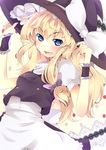  apron bad_id bad_pixiv_id blonde_hair blue_eyes blush dress hair_ribbon hand_on_headwear hat hat_ribbon kirisame_marisa long_hair open_mouth ribbon saionji_yuri smile solo touhou waist_apron witch_hat wrist_cuffs 