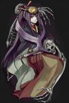  aya_(min412) bad_id bad_pixiv_id blazblue long_hair mikado_(blazblue) ponytail purple_hair red_eyes skeleton solo 
