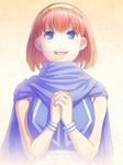  blue_eyes bracelet cape fire_emblem fire_emblem:_monshou_no_nazo hairband hands_clasped jewelry kinoeneko maria_(fire_emblem) own_hands_together red_hair short_hair smile solo 