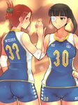  ass black_hair cameltoe earrings em eyepatch grey_eyes high_five jewelry minna-dietlinde_wilcke multiple_girls ponytail red_eyes red_hair sakamoto_mio spandex sportswear strike_witches sweat uniform volleyball_uniform world_witches_series 