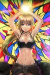  armpits artist_request bangs bare_shoulders blonde_hair blue_eyes bra breasts cleavage large_breasts lingerie long_hair looking_at_viewer lowres magic navel odien ponytail shorts solo sword_girls underwear 