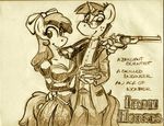  anthrofied apple_bloom_(mlp) applebloom_(mlp) bow_tie breasts couple dress duo english_text equine eyelashes eyewear female freckles friendship_is_magic glasses gun horn horse invalid_tag king-cheetah male mammal monochrome my_little_pony pistol pony ranged_weapon revolver sepia smile snails_(mlp) steampunk suit text unicorn weapon 