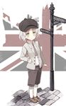  alternate_costume blazer england engrish flag flag_background glastonbury1966 green_eyes hat jacket kneehighs necktie pantyhose ranguage road_sign sanya_v_litvyak short_hair shorts sign silver_hair smile solo strike_witches text_focus union_jack united_kingdom world_witches_series 