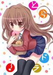  aisaka_taiga bag black_legwear blazer blush brown_eyes brown_hair chocolate_doughnut doughnut eating eyebrows_visible_through_hair food hoshimame_mana jacket leaning_forward long_hair paper_bag pleated_skirt school_uniform skirt solo thighhighs toradora! very_long_hair 