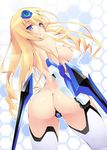  ass bare_back bare_shoulders blonde_hair blue_eyes blue_tears_(infinite_stratos) blush cecilia_alcott covering covering_breasts curly_hair hairband infinite_stratos long_hair mecha_musume open_mouth pilot_suit ruschuto shiny shiny_skin solo strapless_bottom thighhighs wavy_hair white_legwear 