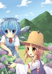  adapted_costume bad_id bad_pixiv_id blonde_hair blue_dress blue_eyes blue_hair blush bow cirno cloud day dress flower grass hair_bow hair_ribbon hat highres hill hydrangea ice ice_wings leaf moriya_suwako mountain multiple_girls open_mouth oruto_(ort+) ribbon short_hair sky smile touching touhou wide_sleeves wings yellow_eyes 