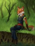  anthro canine clothed clothing female forest fox mammal outside scenery slate solo tree wood 