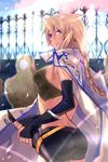  arched_back artist_request badge blonde_hair blue_eyes braid breasts coat crop_top elbow_gloves fingerless_gloves gloves long_hair looking_back lowres medium_breasts midriff petals sheath shorts solo sword_girls tan tree weapon 