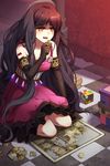  armlet artist_request bangs bare_shoulders blush brown_hair corset crescent_puzzle dress frills gothic_lolita jigsaw_puzzle lolita_fashion long_hair lowres markings open_mouth puzzle rubik's_cube sitting solo sword_girls yellow_eyes 