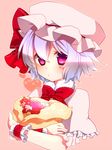  :/ bad_id bad_pixiv_id bouquet bow crossed_arms flower hat lavender_hair looking_at_viewer red_eyes remilia_scarlet short_hair simple_background solo touhou upper_body wrist_cuffs yutazou 