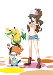  absurdres angry animal artist_request bag baseball_cap black_eyes blue_eyes blush boots breasts brown_eyes brown_hair gen_1_pokemon gen_5_pokemon hat highres holding_another's_tail long_hair looking_up medium_breasts oshawott pikachu pokemon pokemon_(creature) pokemon_(game) pokemon_bw ponytail shirt_lift shorts snivy socks spots sweat sweatdrop tail tail_grab tepig totem_pole touko_(pokemon) underboob white_background 