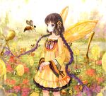  anko_kinako bee braid brown_hair bug butterfly field flower food fork fruit gradient_hair hair_flower hair_ornament hair_ribbon honey insect lemon long_hair multicolored_hair orange original purple_eyes purple_hair ribbon skirt solo spoon standing surreal twin_braids very_long_hair yellow_skirt 