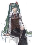  arm_garter bad_id bad_pixiv_id formal hatsune_miku kuyama516 long_hair necktie pant_suit pants sitting suit very_long_hair vest vocaloid 