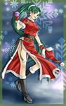  :d blush boots box christmas dress earrings fire_emblem fire_emblem:_rekka_no_ken fur_trim gift gloves green_eyes green_hair hat hat_removed headwear_removed high_ponytail highres holding holding_hat jewelry long_hair lyndis_(fire_emblem) open_mouth ponytail red_gloves santa_hat side_slit smile snowflakes solo very_long_hair yuino_(fancy_party) 
