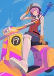  bass_guitar boots day flcl gainaxtop gloves goggles ground_vehicle guitar guitar_(guitars) haruhara_haruko helmet instrument knee_boots motor_vehicle purple_hair rickenbacker_4001 scooter short_hair sky solo vespa yellow_eyes 