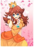  :o adjusting_hair arm_at_side blue_eyes blush breasts brown_hair crown dress earrings flower_earrings gloves hand_up heart jewelry long_hair looking_at_viewer mario_(series) medium_breasts orange_dress pink_background princess_daisy sekitou solo standing super_mario_bros. white_gloves 