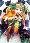  breasts goggles goggles_on_head green_eyes green_hair gumi jacket medium_breasts megpoid_(vocaloid3) microphone microphone_stand music open_mouth shion_(kizuro) short_hair shorts singing smile solo speaker thighhighs vocaloid 