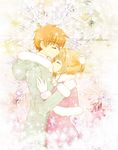  1girl brown_hair cardcaptor_sakura choko_(cosi_cosi) christmas closed_eyes couple forehead_kiss hetero hug kinomoto_sakura kiss li_xiaolang short_hair snowflakes winter_clothes 