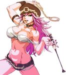  bad_id bad_pixiv_id bare_shoulders blue_eyes breasts chain choker cleavage crop_top cuffs cutoffs denim denim_shorts final_fight handcuffs hat large_breasts long_hair nail_polish navel oetarou off_shoulder open_fly pink_hair poison_(final_fight) riding_crop short_shorts shorts solo strap_gap strap_slip street_fighter unzipped white_background 