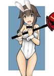  animal_ears bare_legs bow bowtie brown_eyes brown_hair bunny_ears bunnysuit detached_collar eiroku short_hair solo strike_witches takei_junko world_witches_series wrist_cuffs 