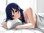 afterglow blanket blue_eyes blue_hair blush closed_mouth convenient_arm dream_c_club dream_c_club_(series) dream_c_club_zero face long_hair looking_at_viewer lying naked_sheet nude pillow reika_(dream_c_club) smile solo tachibana_roku 