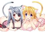  :d :o alternate_hairstyle animal_ears apron ass bare_shoulders blonde_hair blue_eyes blush body_blush breasts cat_ears cat_tail charlotte_dunois chin_rest cleavage collar eyepatch flat_chest infinite_stratos kekocha kemonomimi_mode large_breasts laura_bodewig looking_at_viewer multiple_girls naked_apron open_mouth ponytail red_eyes sample silver_hair smile tail thigh_strap 