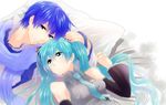  1girl aqua_eyes aqua_hair aqua_nails bad_id bad_pixiv_id bare_shoulders blue_eyes blue_hair blue_nails blue_scarf detached_sleeves hatsune_miku irono_(irtyu) kaito long_hair nail_polish necktie pillow scarf twintails vocaloid 