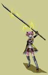  ailee_jeskar armor blade blue_eyes capcom delma-loprey_(armor) electricity longsword midriff monster_hunter monster_hunter_orage pink_hair sword weapon 