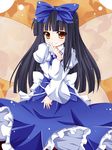  :3 bad_id bad_pixiv_id black_hair bow dress finger_to_face hair_bow highres kuromari_(runia) long_hair orange_eyes smile solo star star_sapphire touhou wings 