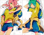  akishima_kei arms_up bad_id bad_pixiv_id bag green_eyes green_hair inazuma_eleven_(series) inazuma_eleven_go jacket kariya_masaki kirino_ranmaru long_hair multiple_boys one_eye_closed pink_hair short_hair soccer_uniform sportswear twintails yellow_eyes 