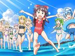  6+girls alice_margatroid arms_up barefoot beach bikini blonde_hair blue_eyes blue_hair braid brown_eyes brown_hair cirno daiyousei derivative_work hakurei_reimu kirisame_marisa konpaku_youmu long_hair mannosuke morichika_rinnosuke multiple_girls outstretched_arms parody pink_hair ponytail saigyouji_yuyuko shinryaku!_ikamusume shirosato short_hair silver_hair spread_arms swimsuit touhou yakumo_yukari yellow_eyes younger 