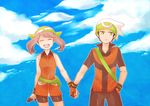  1girl :d ^_^ alternate_costume bandana bare_shoulders bike_shorts black_hair brown_hair closed_eyes cloud day fanny_pack fingerless_gloves gloves hand_in_pocket haruka_(pokemon) hat holding_hands jacket open_mouth pokemon pokemon_(game) pokemon_emerald pokemon_rse shirou_(vista) smile yellow_eyes yuuki_(pokemon) 