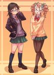  adjusting_hair black_eyes black_hair blazer brown_eyes brown_hair cardigan drill_hair e20 glasses hair_ribbon houzumi_satsuki jacket kikuhara_komugi multiple_girls original pantyhose pleated_skirt ribbon school_uniform skirt smile socks sweater twin_drills twintails 