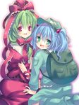  aqua_eyes backpack bad_id bad_pixiv_id bag blue_hair boots bow dress frills front_ponytail green_hair hair_bobbles hair_ornament hair_ribbon hat kagiyama_hina kawashiro_nitori kneeling kosuzume looking_at_viewer looking_back multiple_girls open_mouth purple_eyes red_dress ribbon short_twintails sitting skirt smile touhou twintails two_side_up 