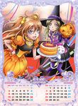  2girls black_legwear blue_eyes brown_hair bubble_skirt cake calendar_(medium) candle cat dress earrings eyelashes food gloves green_eyes halloween hand_on_hip hat houjou_hibiki hummy_(suite_precure) jack-o'-lantern jewelry loafers long_hair minamino_kanade multiple_girls october official_art orange_dress pink_legwear precure pumpkin purple_legwear scan september shoes skirt smile striped striped_legwear suite_precure takahashi_akira thighhighs two_side_up witch_hat wrist_cuffs 