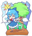  &gt;_&lt; (9) ? blue_hair bow chibi cirno dress eyes_closed food hair_bow ice_cream kaimantokage open_mouth popsicle short_hair smile suika_bar touhou tree watermelon_bar â‘¨ 