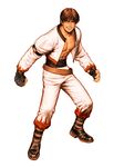  abs belt boots brown_hair cropped_jacket fingerless_gloves flame_print gloves headband kirishima_shou male_focus mori_toshiaki muscle official_art pectorals sash snk solo the_king_of_fighters the_king_of_fighters_'99 