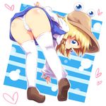  ass ass_focus ayakashi_(monkeypanch) bent_over blonde_hair blue_eyes child eyes grin hat highres looking_back moriya_suwako panties smile solo striped striped_panties thighhighs touhou underwear white_legwear 