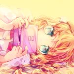  aqua_eyes blonde_hair colored_eyelashes covering_mouth face hair_ornament handheld_game_console highres holding looking_at_viewer lying namie-kun nintendo_ds nintendo_ds_lite on_side original product_placement sideways simple_background solo yellow 