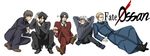  alcohol black_hair blonde_hair brown_hair chop command_spell cross emiya_kiritsugu facial_hair fate/zero fate_(series) goatee kayneth_el-melloi_archibald kotomine_kirei male_focus matou_kariya multiple_boys natsu_yasai sparkle spitting spitting_blood toosaka_tokiomi white_background white_hair wine worms 